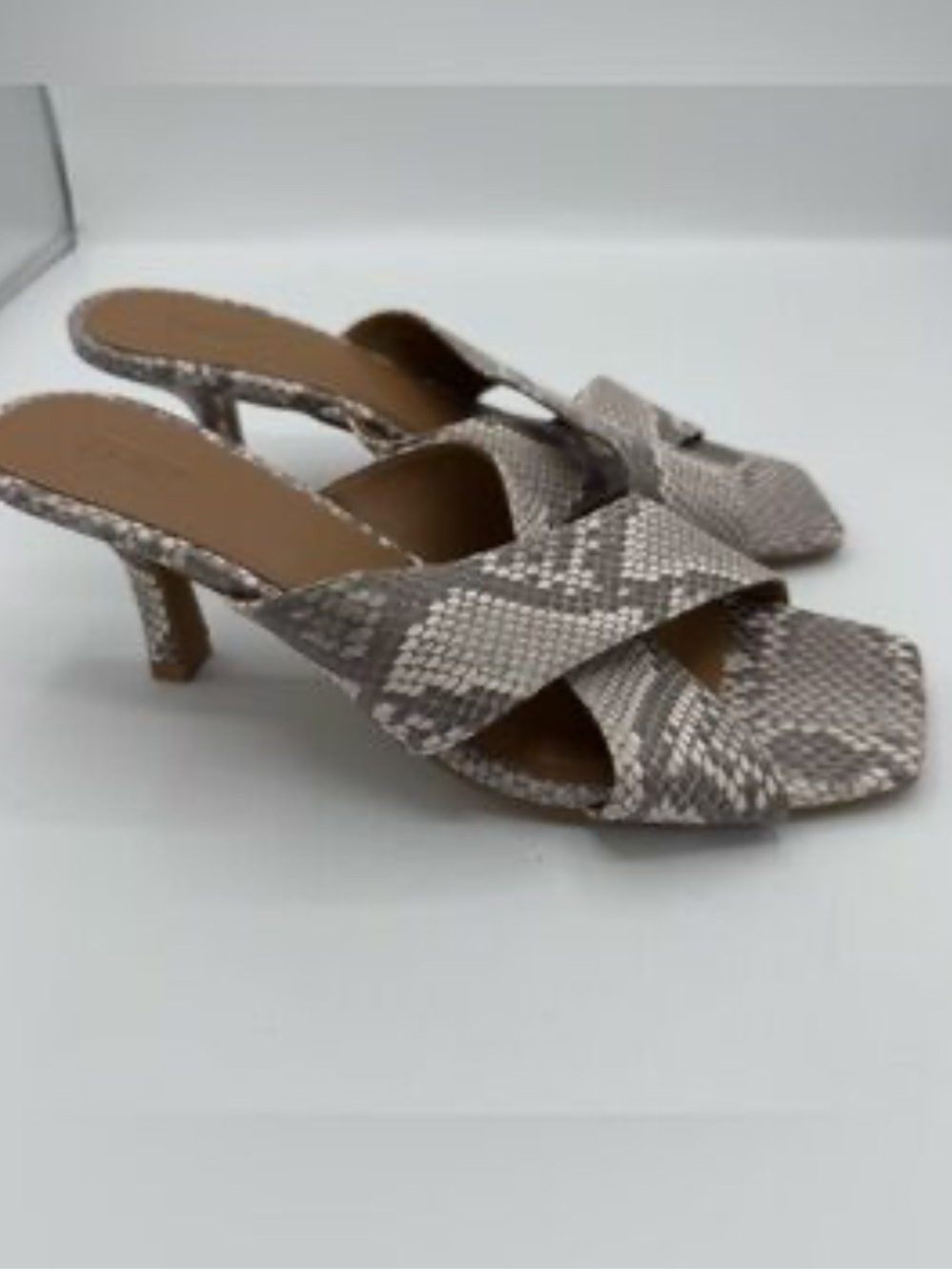 Womens Taupe Snake-Print Slip-On Heeled Sandals